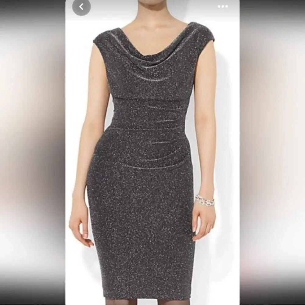 Lauren Ralph Lauren Shimmering Black Sleeveless Drape Neck Ruched Dress Size 12